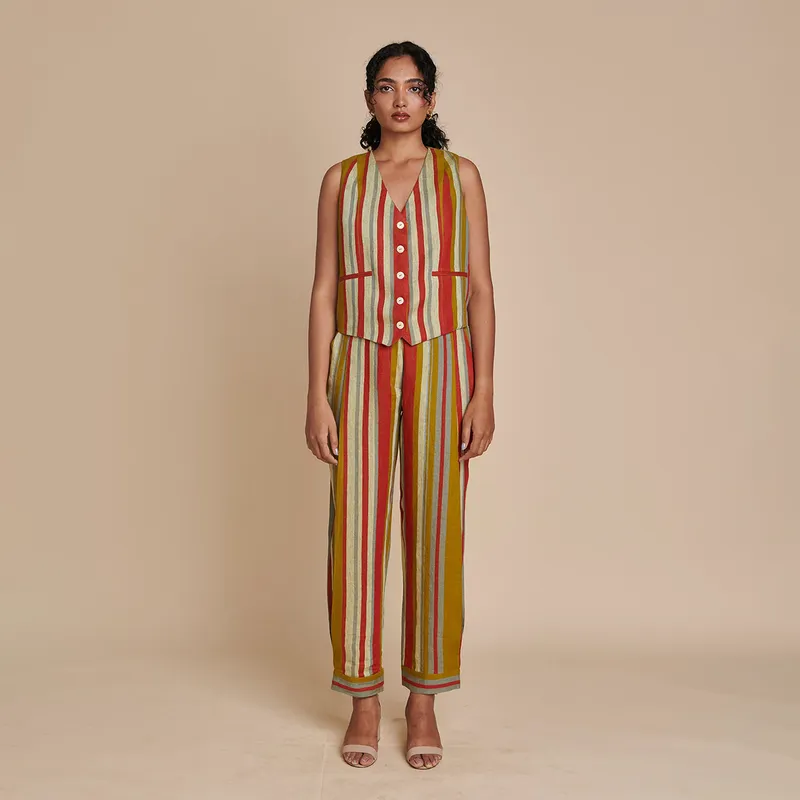 Linen Co Ord Set | Waist Coat & Pants | Multicolour