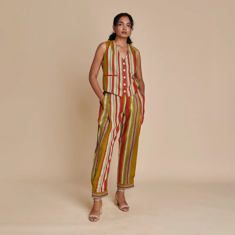 Linen Co Ord Set | Waist Coat & Pants | Multicolour