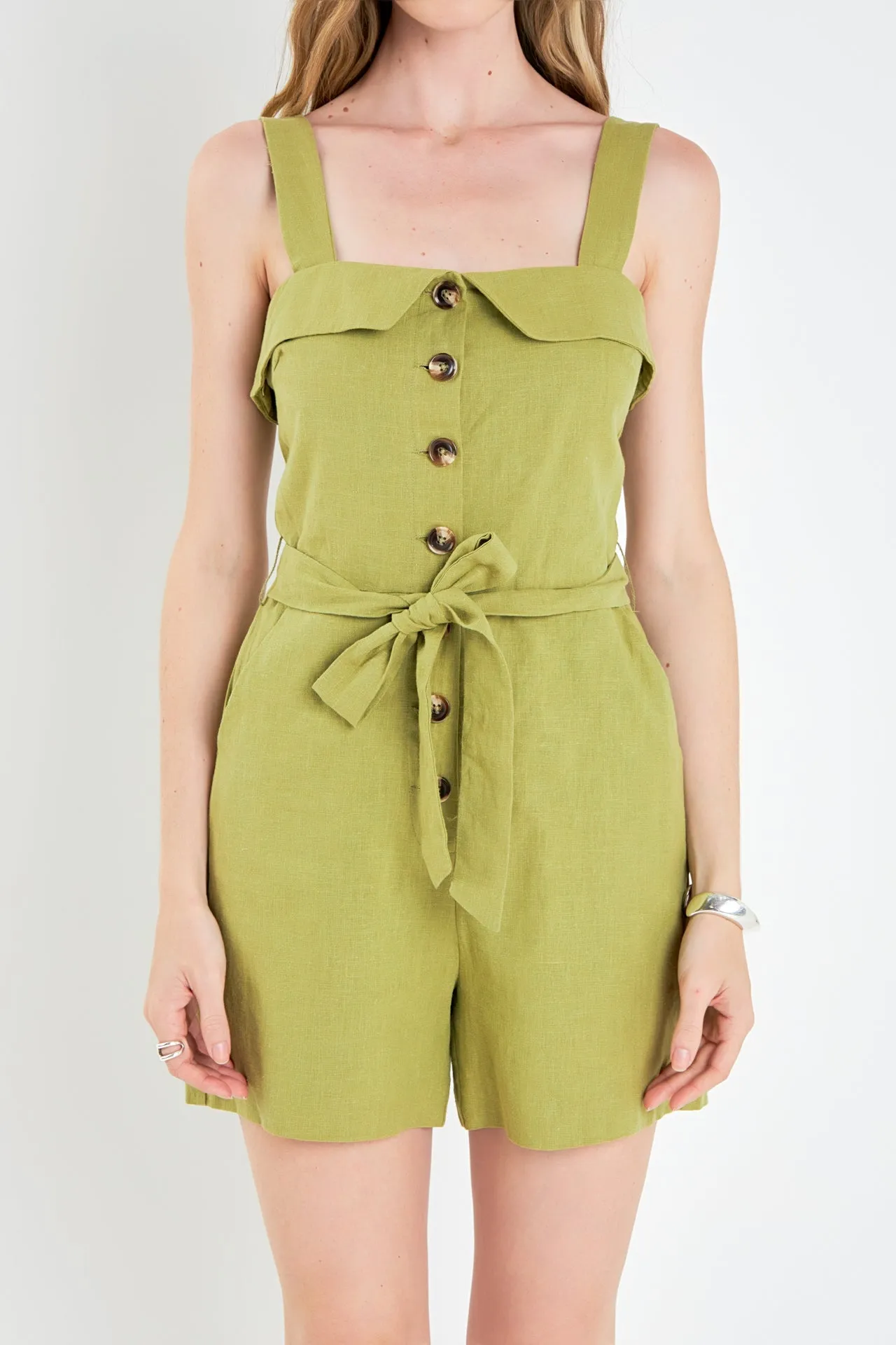 Linen Romper with Self Tie and Buttons