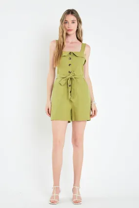 Linen Romper with Self Tie and Buttons