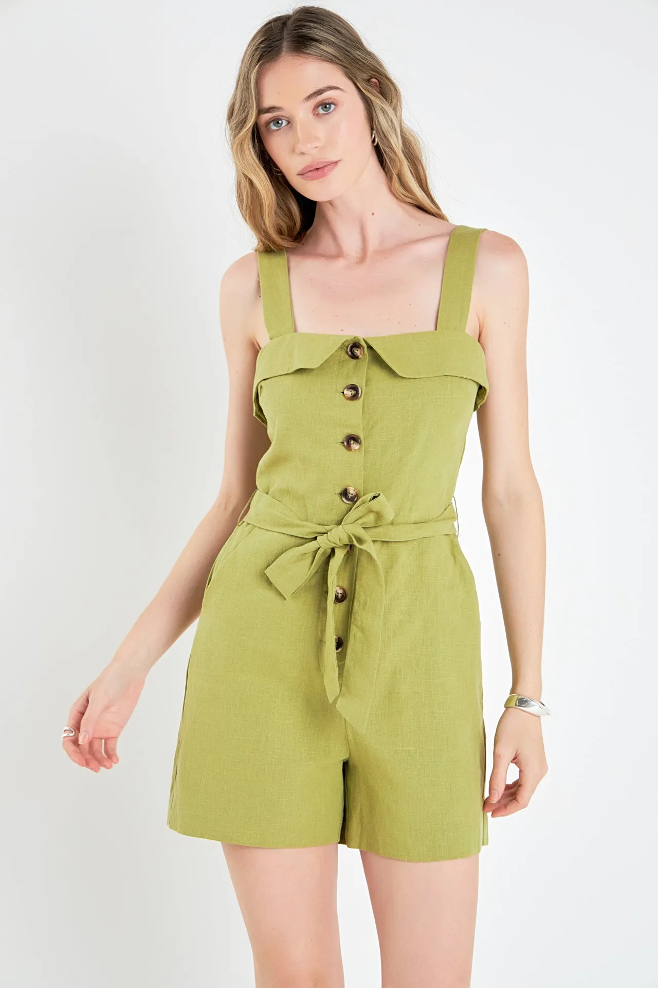 Linen Romper with Self Tie and Buttons