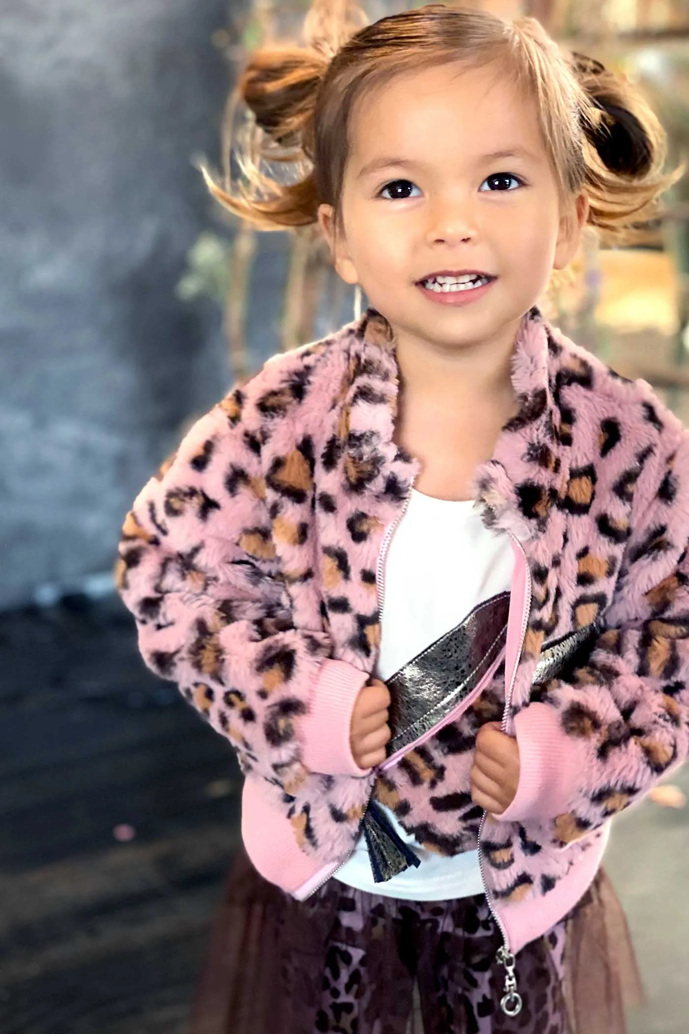 Little Girls Animal Print Faux Fur Hoodie Bomber Jacket