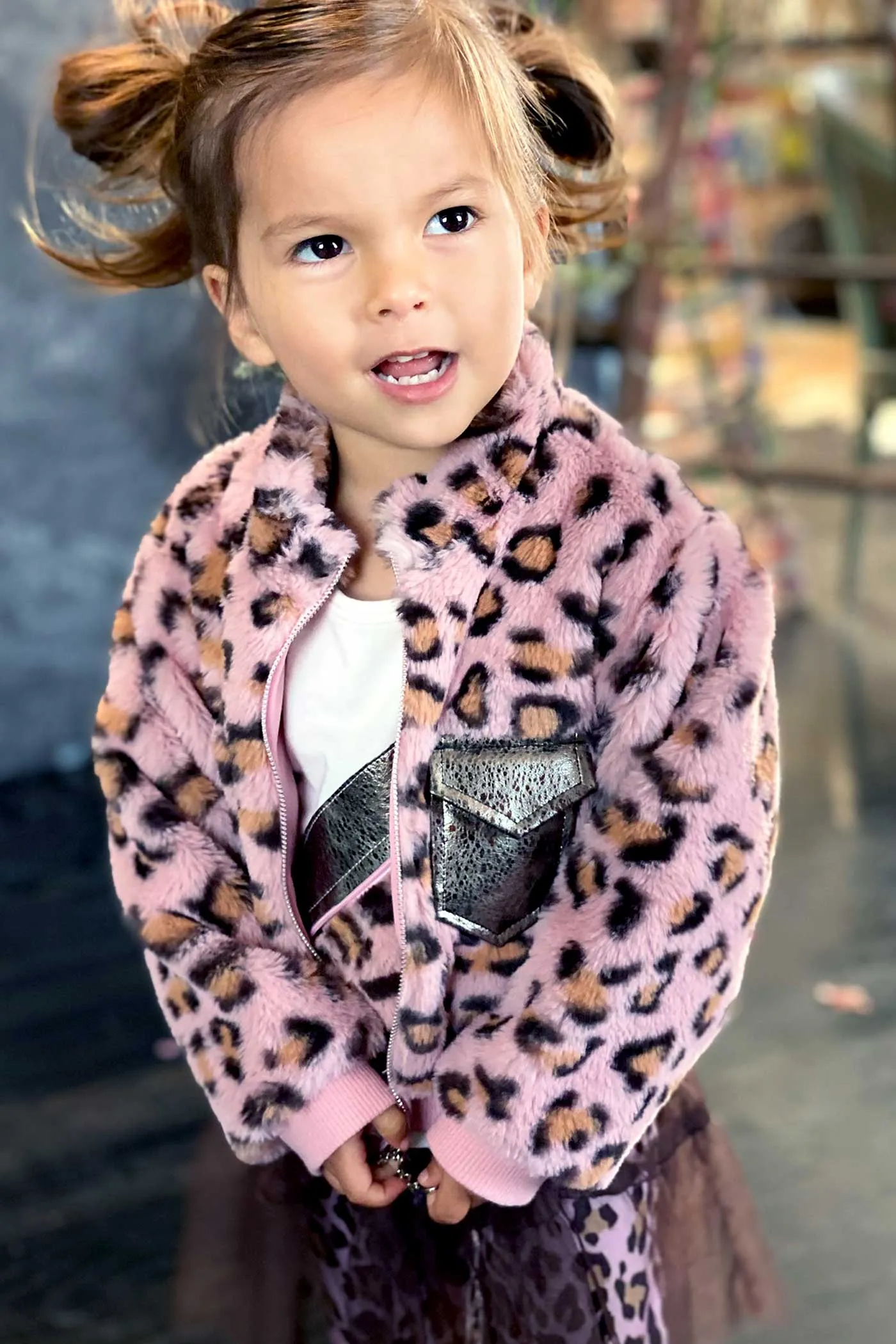 Little Girls Animal Print Faux Fur Hoodie Bomber Jacket