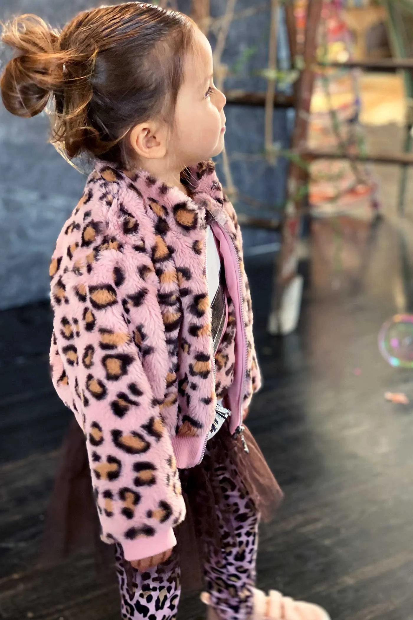 Little Girls Animal Print Faux Fur Hoodie Bomber Jacket