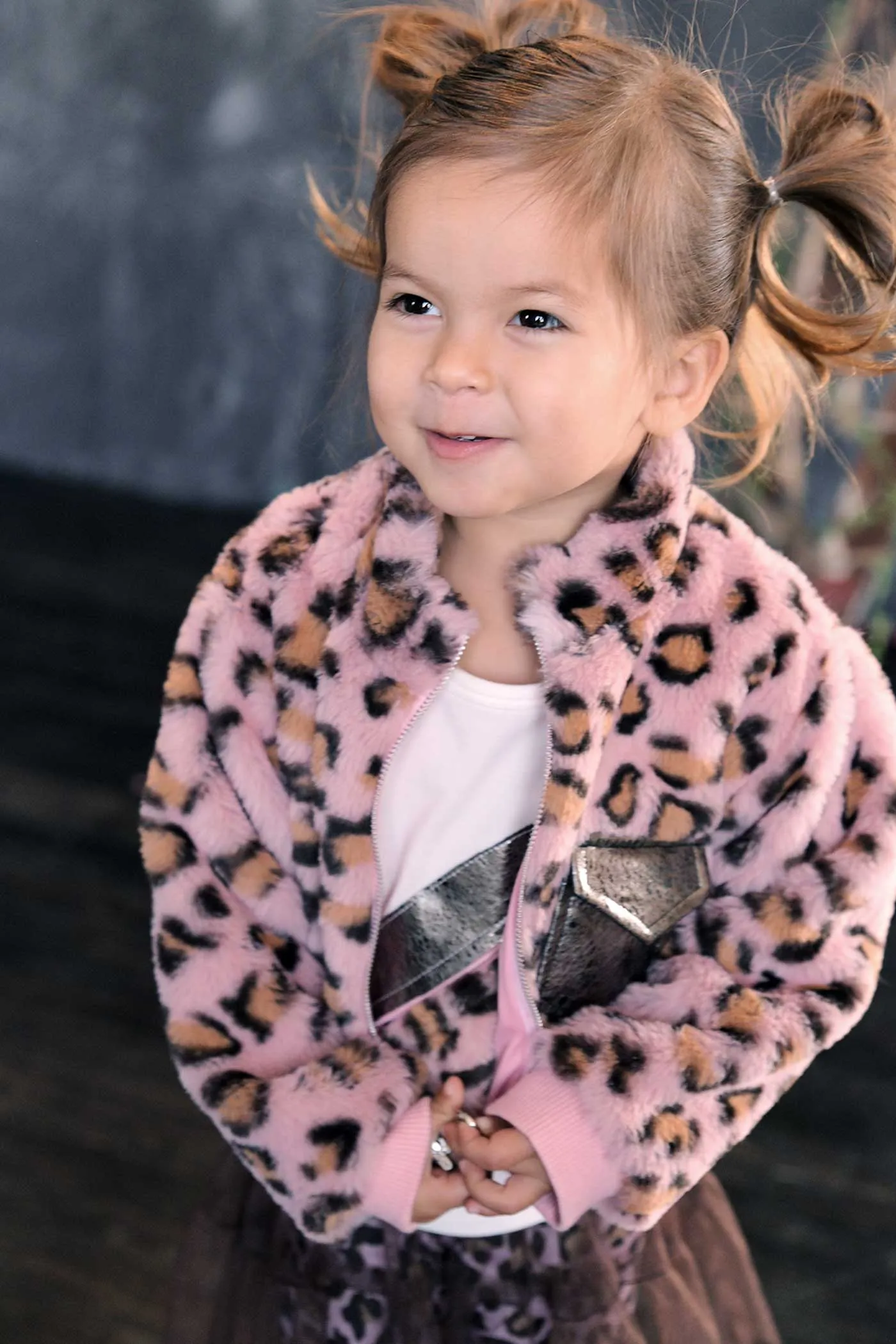 Little Girls Animal Print Faux Fur Hoodie Bomber Jacket