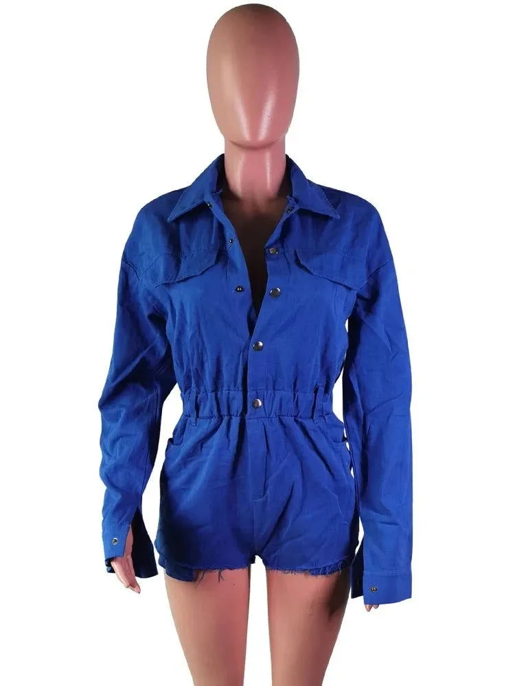 Long Sleeve Button Front Collared Denim Mini Rompers