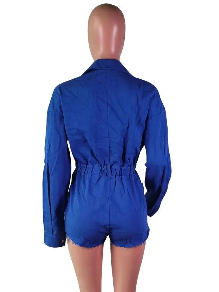 Long Sleeve Button Front Collared Denim Mini Rompers