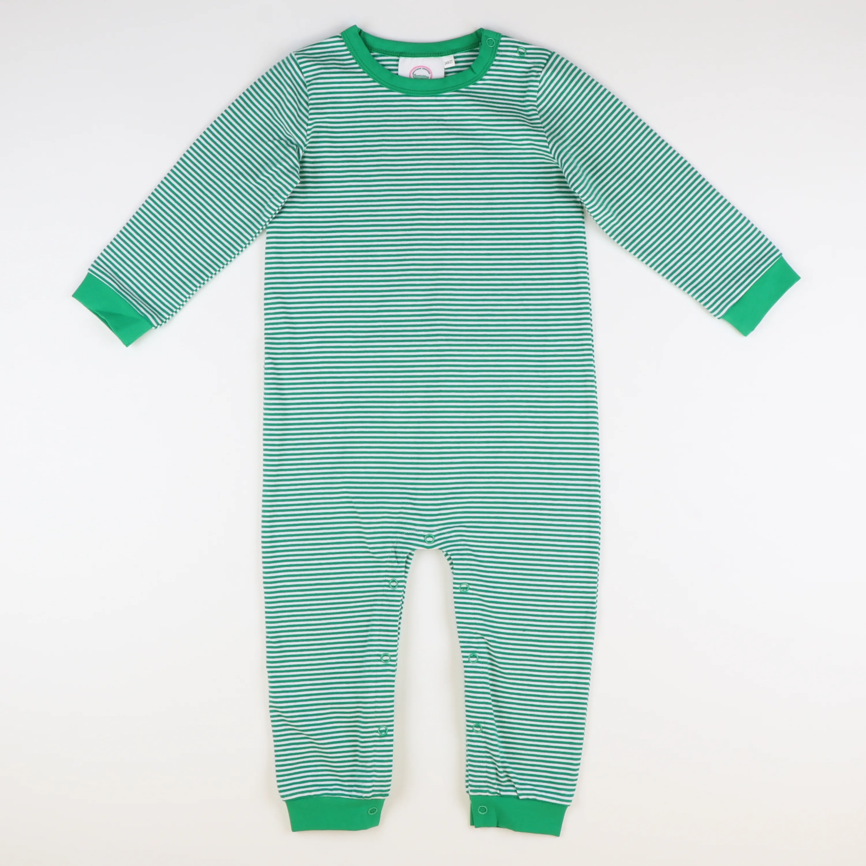 L/S Out & About Romper - Christmas Green & White Thin Stripe