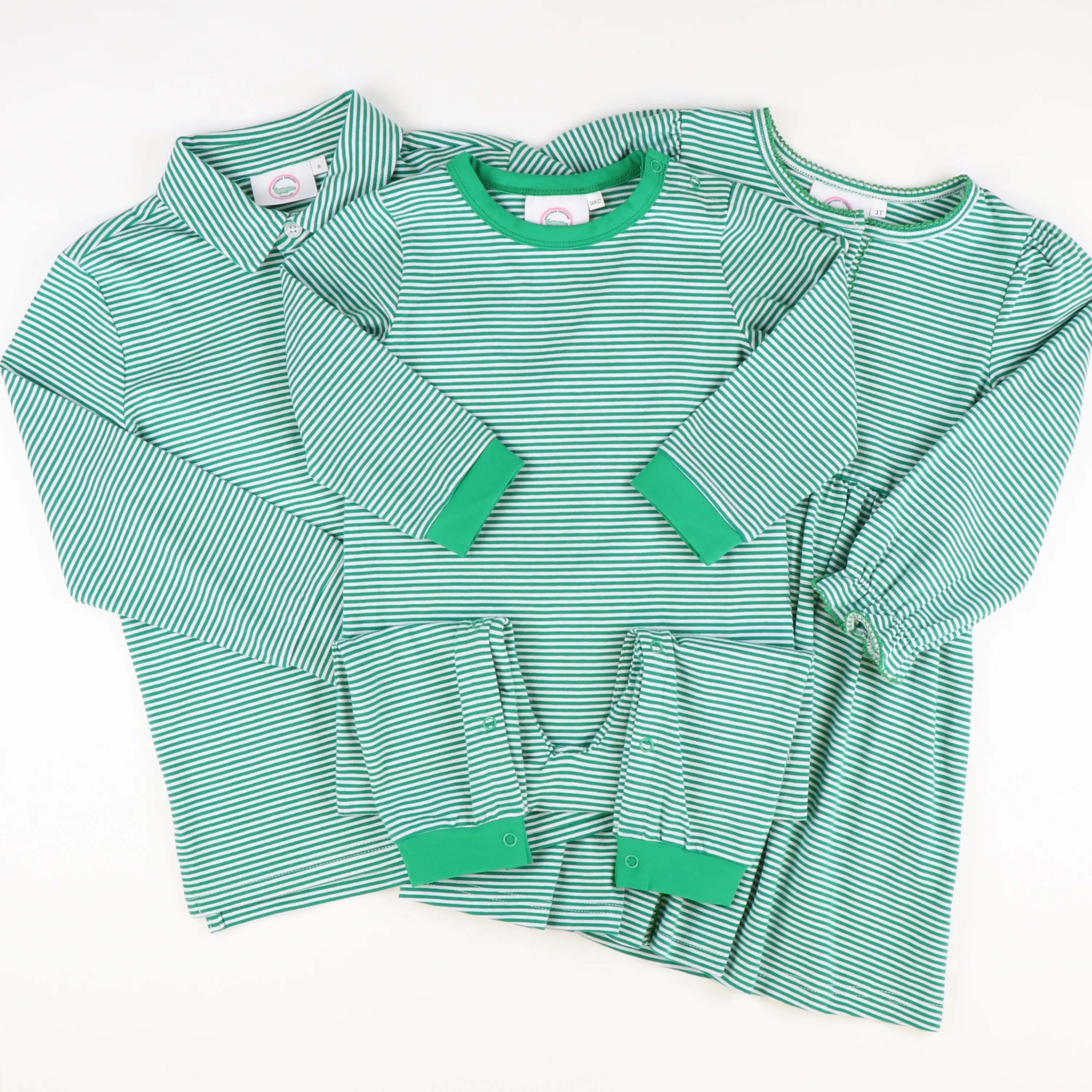 L/S Out & About Romper - Christmas Green & White Thin Stripe