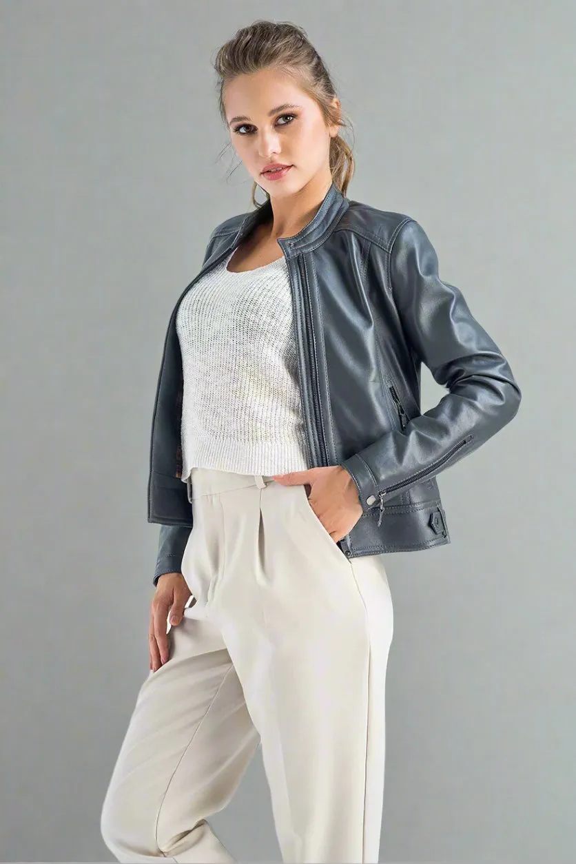 Luxury Lambskin Leather Cropped Jacket, Grey