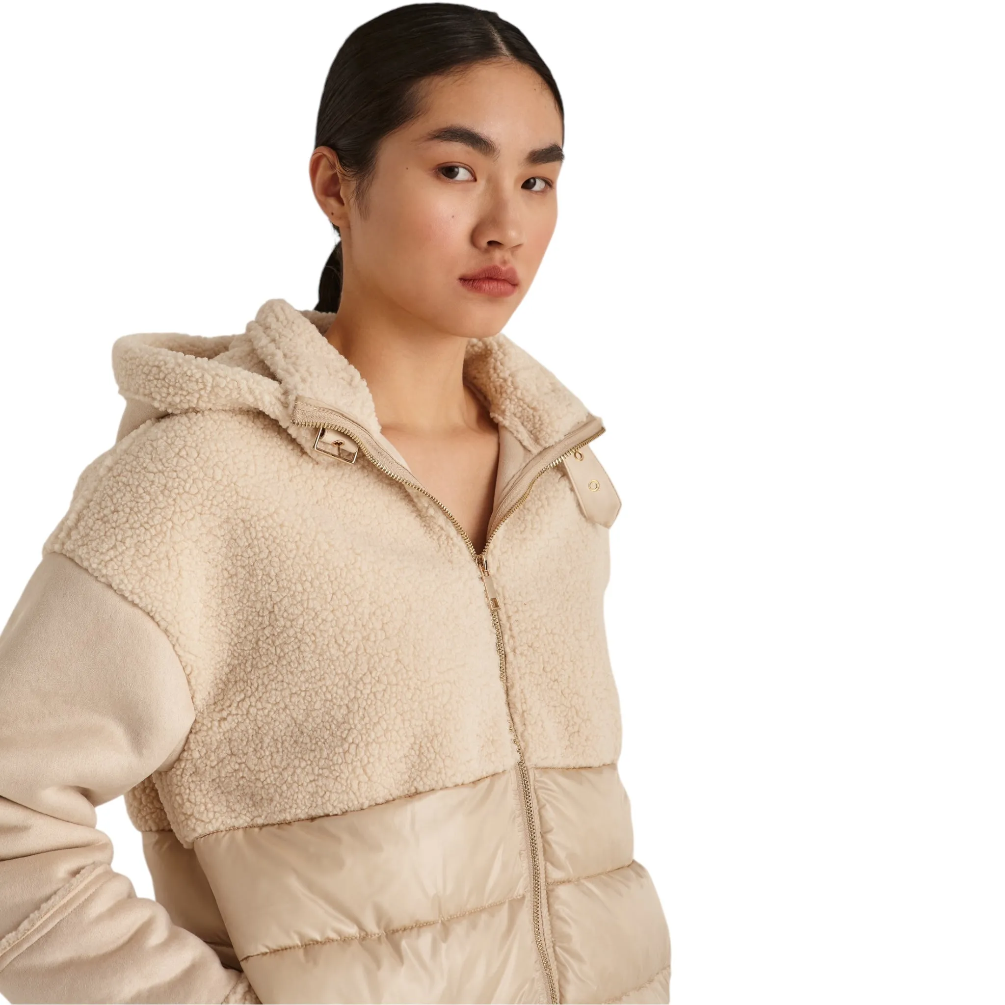 Marina V Short Faux Fur Trim Coat Beige