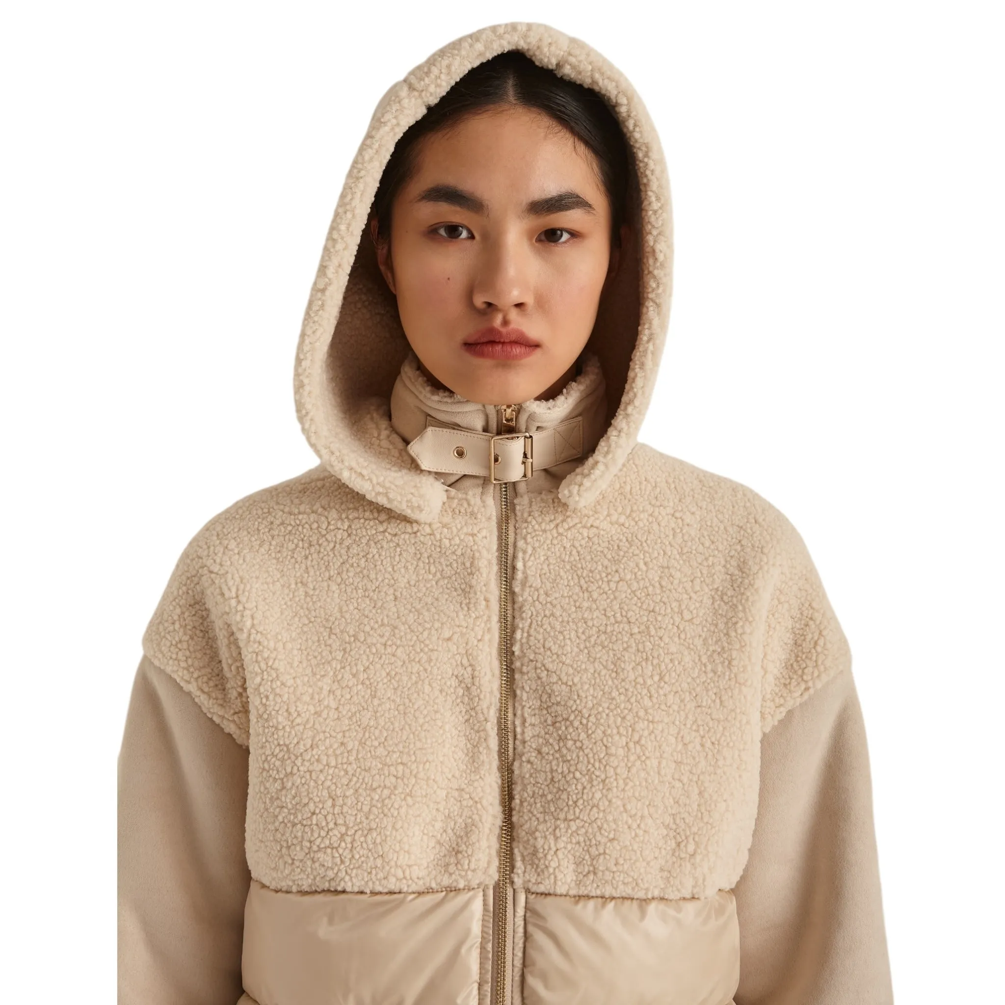 Marina V Short Faux Fur Trim Coat Beige