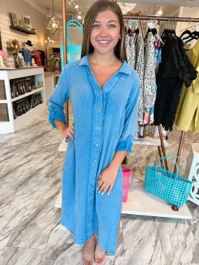 Market Mineral Wash Button Down Denim Midi Dress