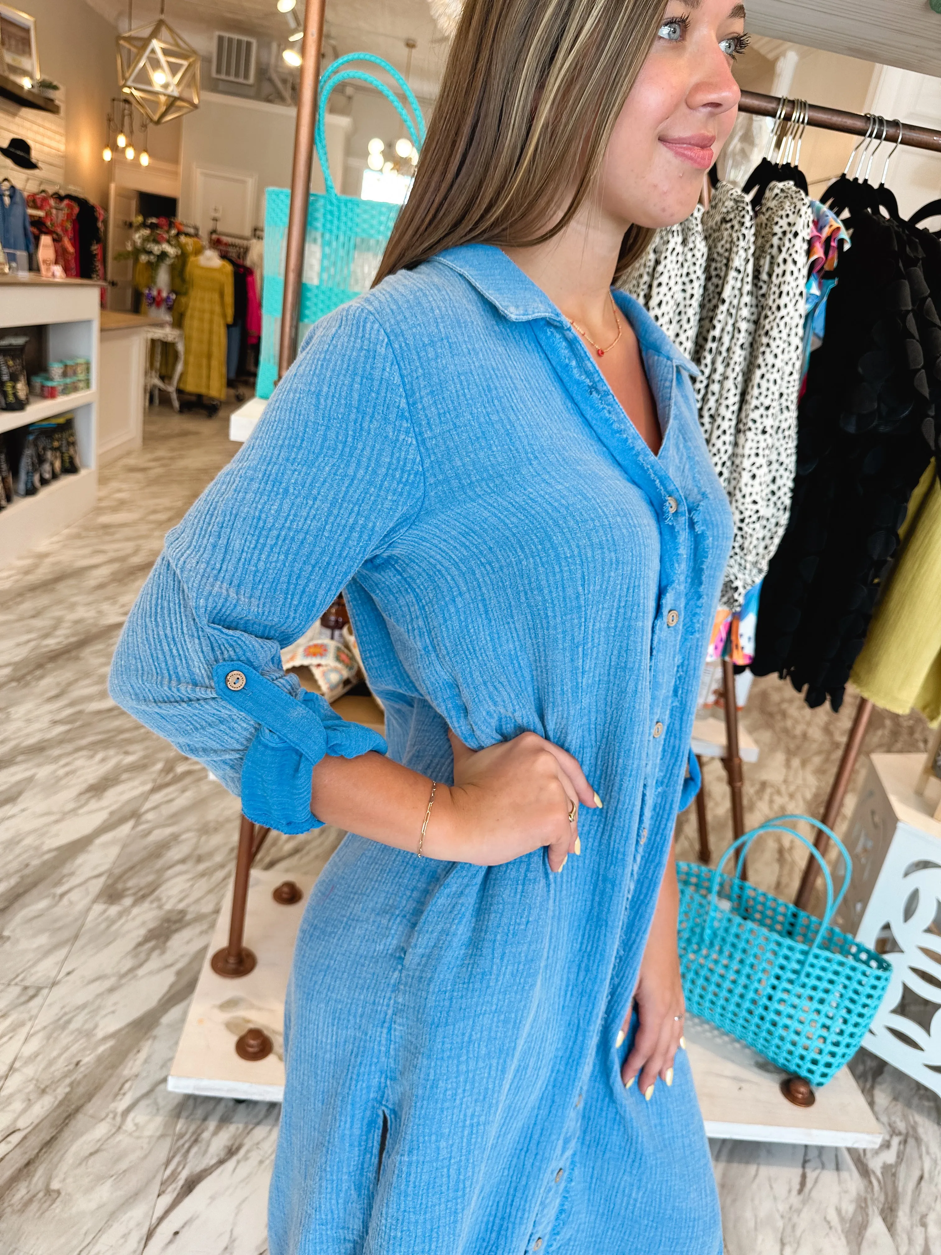 Market Mineral Wash Button Down Denim Midi Dress