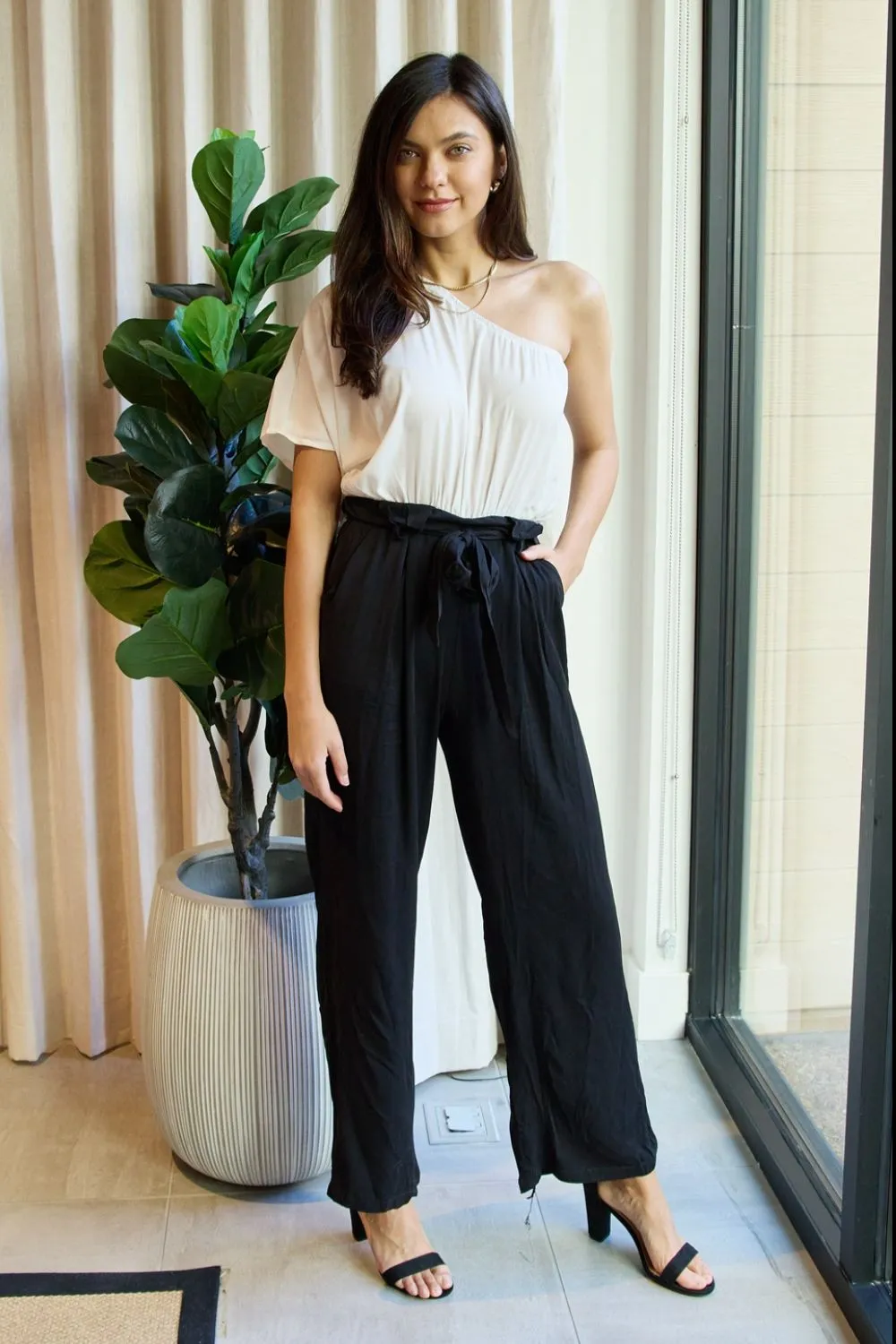 Marvelous in Manhattan One-Shoulder Jumpsuit in White/Black