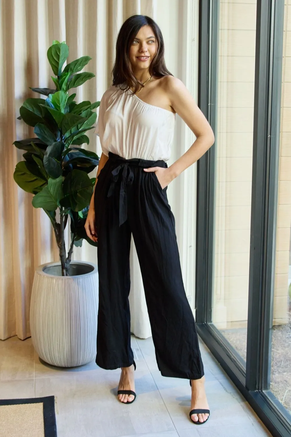 Marvelous in Manhattan One-Shoulder Jumpsuit in White/Black