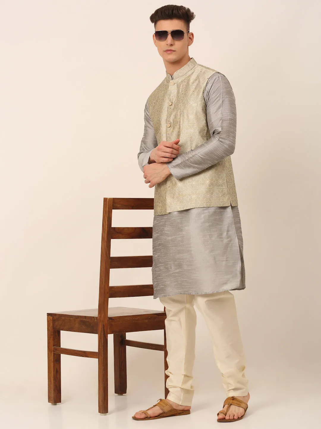 Men Beige & Golden Woven Design Nehru Jackets-JOWC_4045Beige