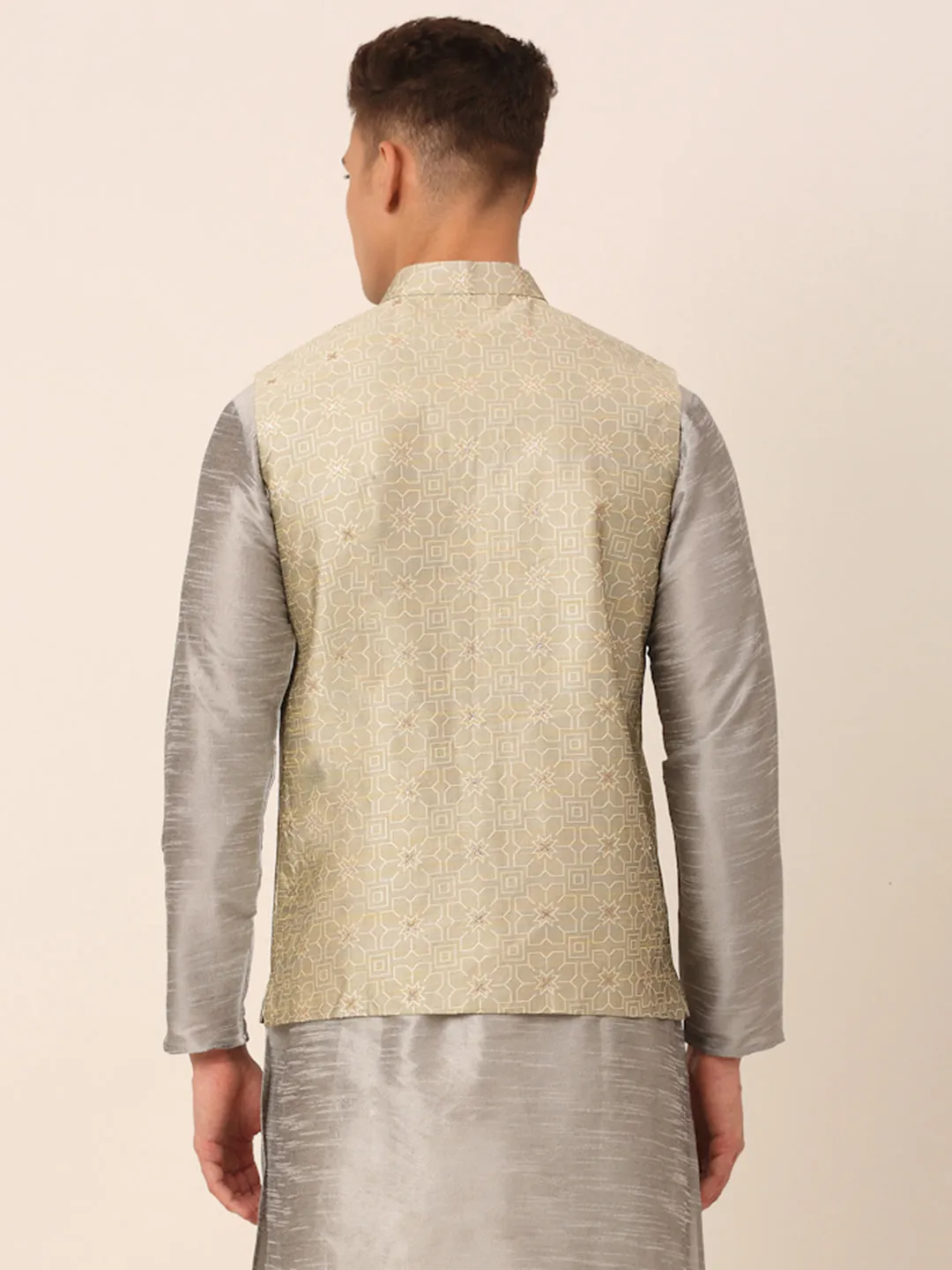 Men Beige & Golden Woven Design Nehru Jackets-JOWC_4045Beige