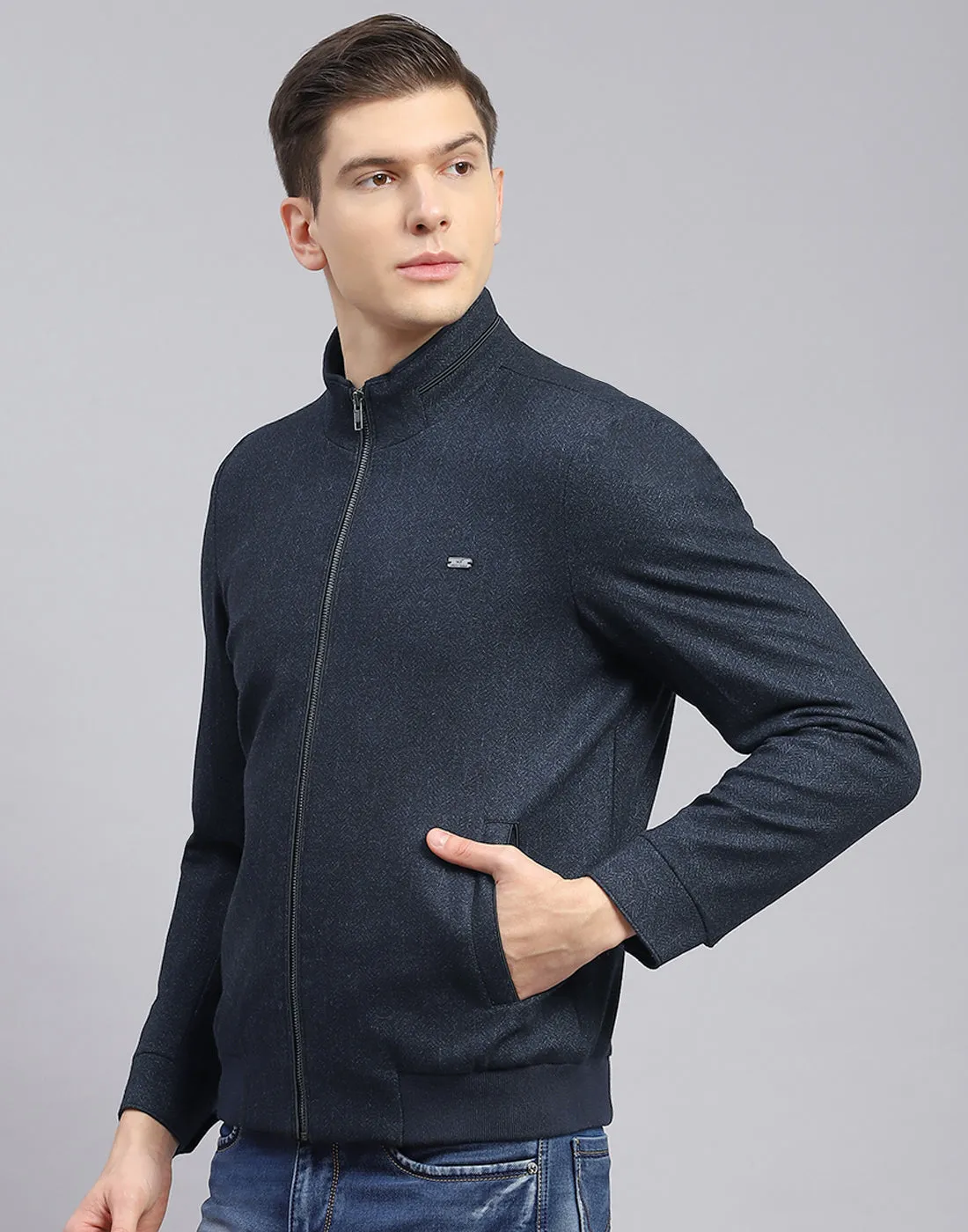 Men Blue Self Design Stand Collar Full Sleeve Jacket