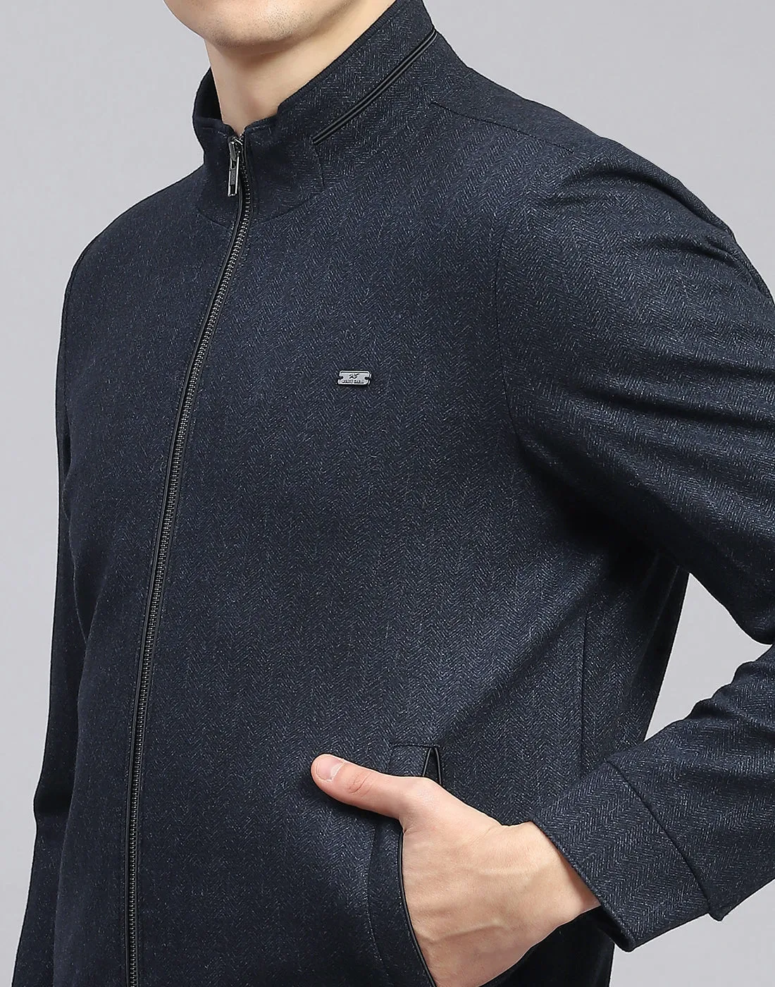 Men Blue Self Design Stand Collar Full Sleeve Jacket