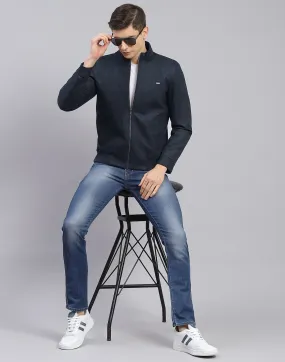 Men Blue Self Design Stand Collar Full Sleeve Jacket