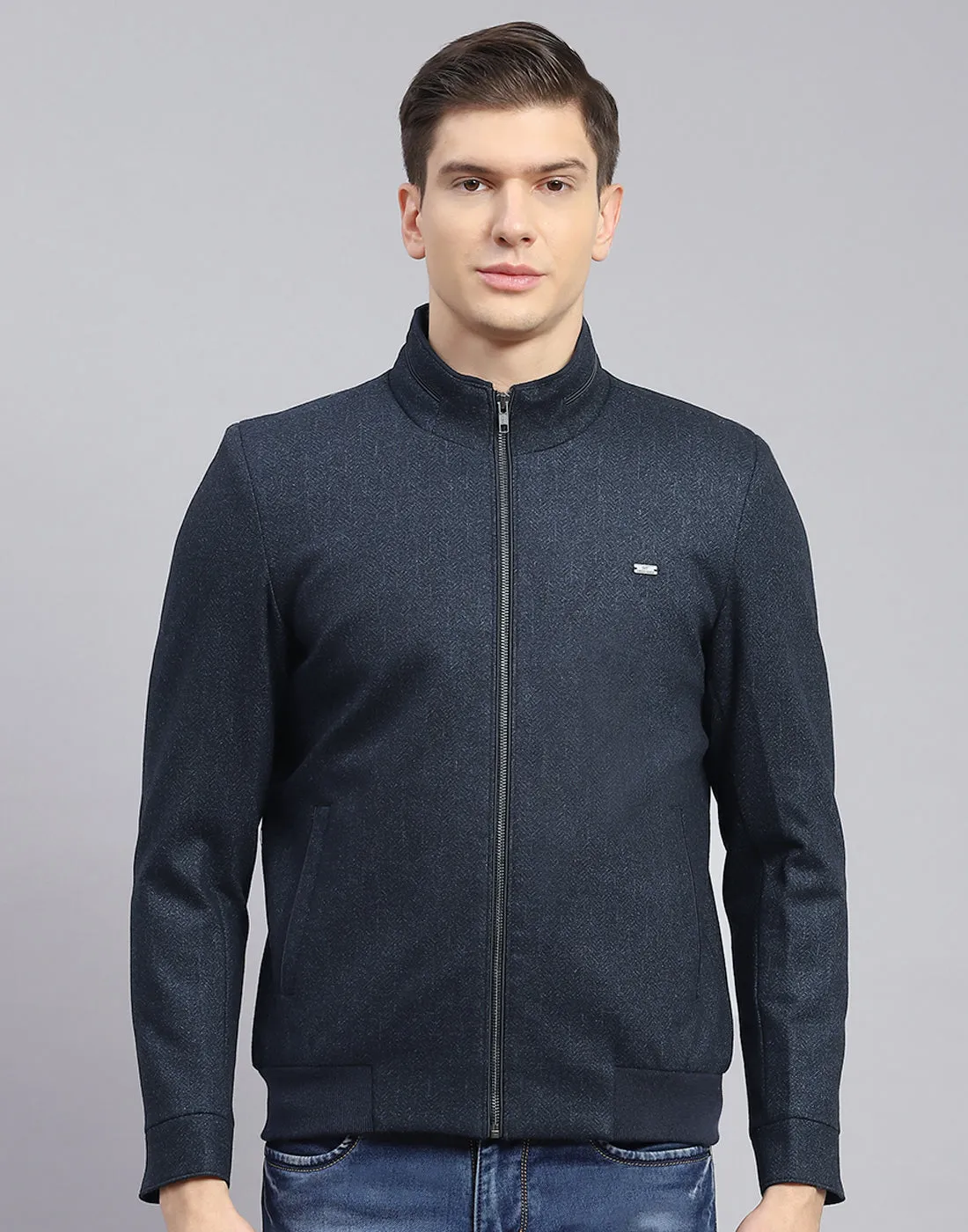 Men Blue Self Design Stand Collar Full Sleeve Jacket