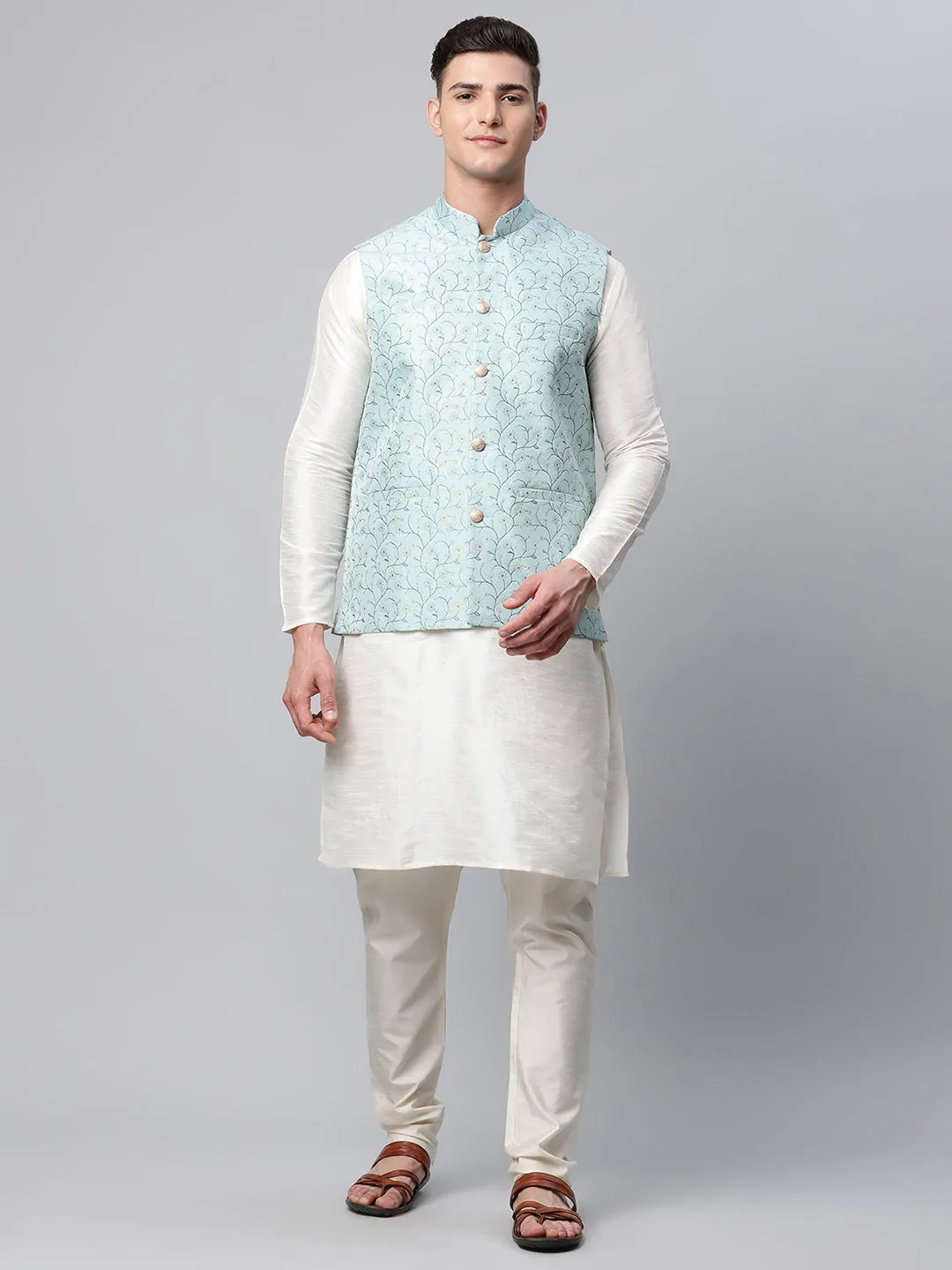 Men Dupion Silk Kurta Pyjama With Sky Blue Printed Nehru Jacket