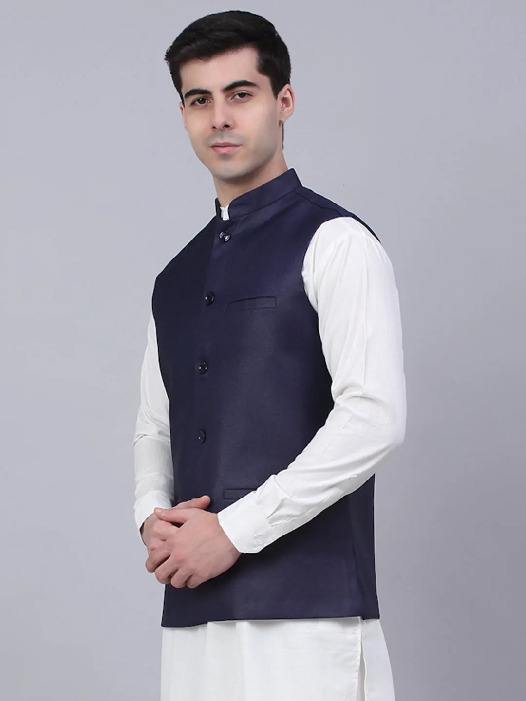 Men Navy Blue Solid Woven Sleeveless Nehru Jackets