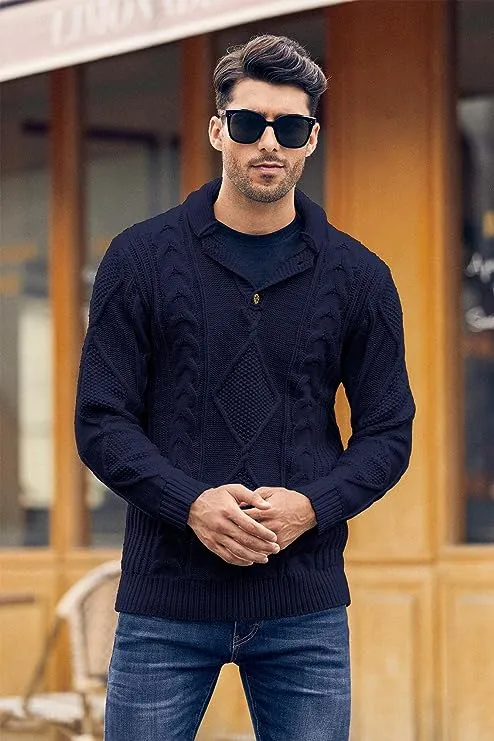 Men's Black Cable Knit Long Sleeve Button Neck Sweater