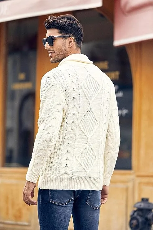 Men's Black Cable Knit Long Sleeve Button Neck Sweater