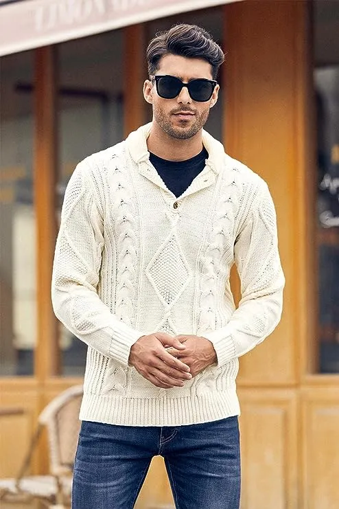 Men's Black Cable Knit Long Sleeve Button Neck Sweater