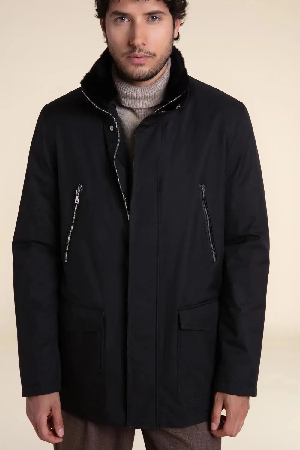 Mens black coat with fur collar