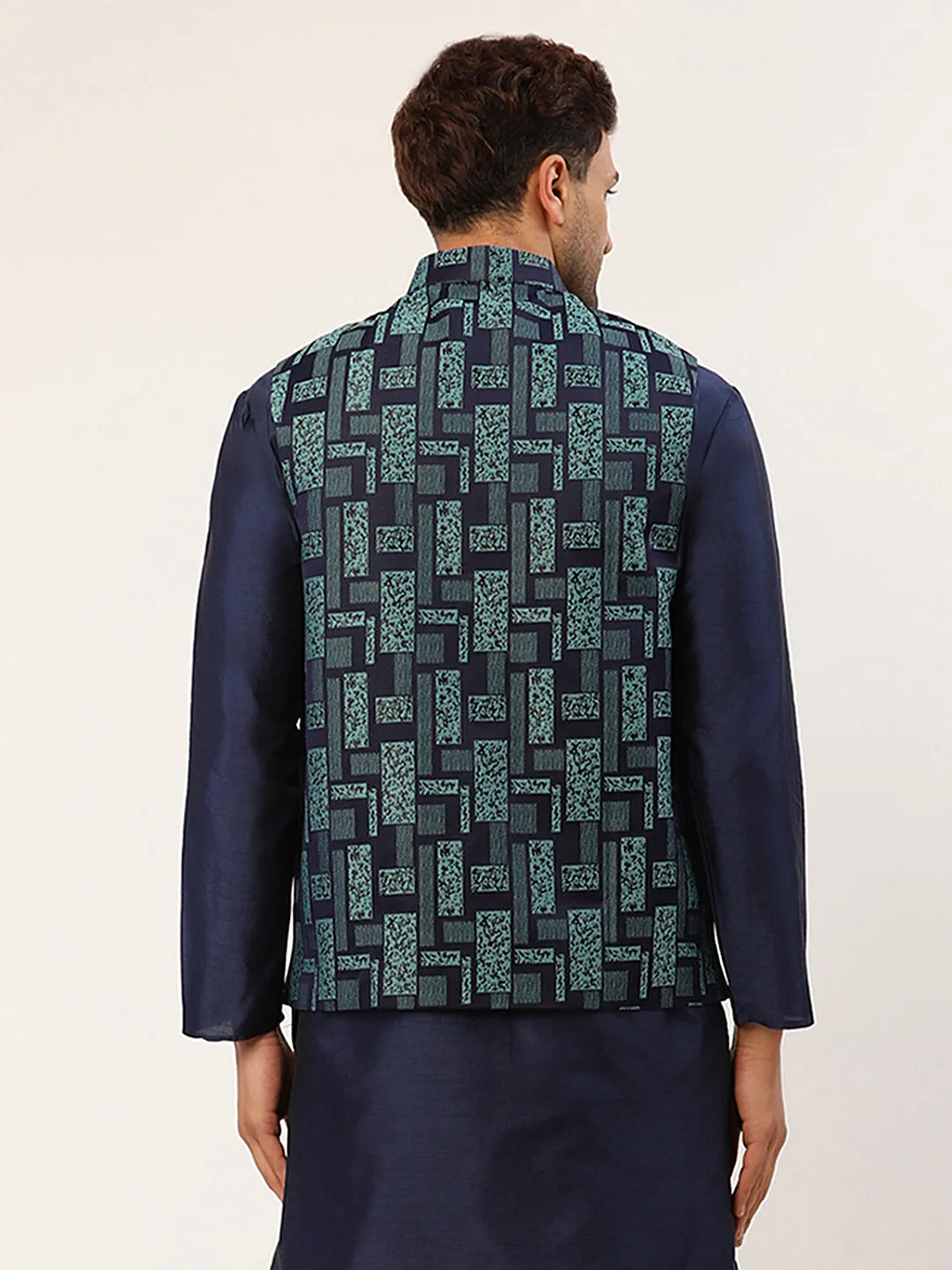 Men's Blue Woven Design Nehru Jacket