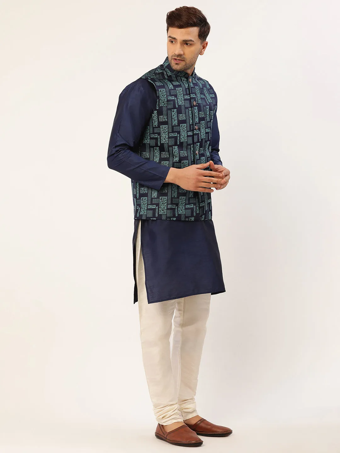 Men's Blue Woven Design Nehru Jacket