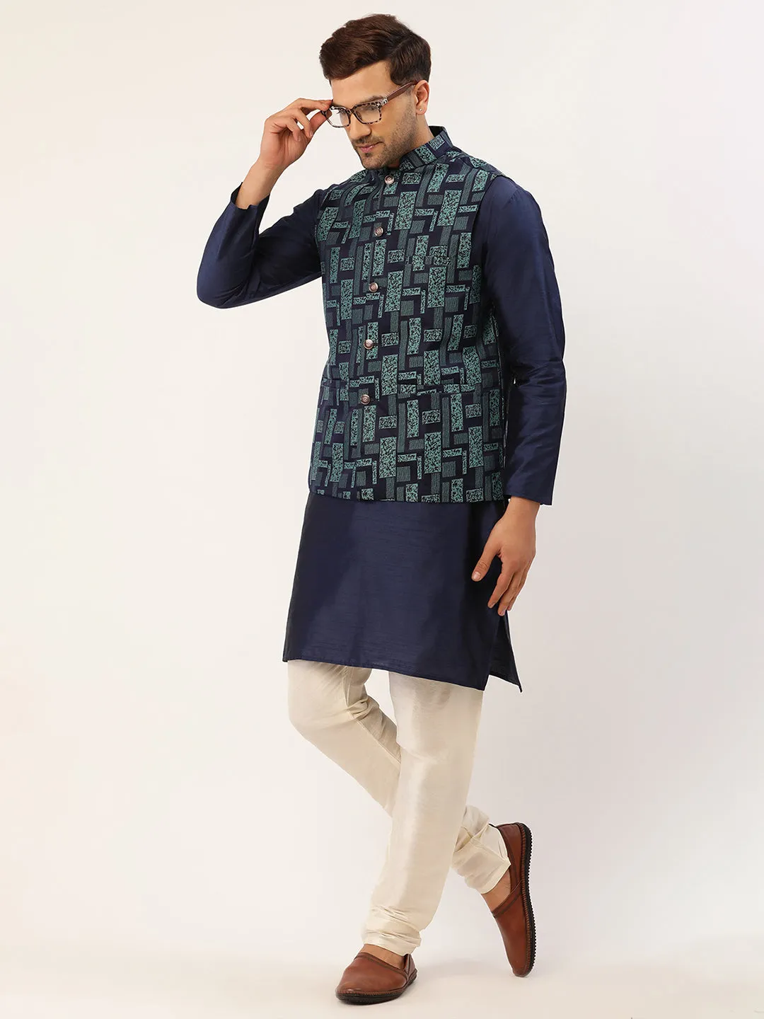 Men's Blue Woven Design Nehru Jacket