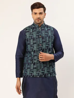 Men's Blue Woven Design Nehru Jacket