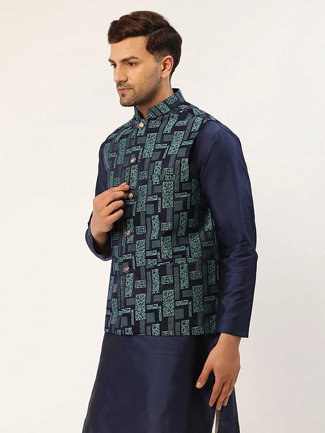 Men's Blue Woven Design Nehru Jacket