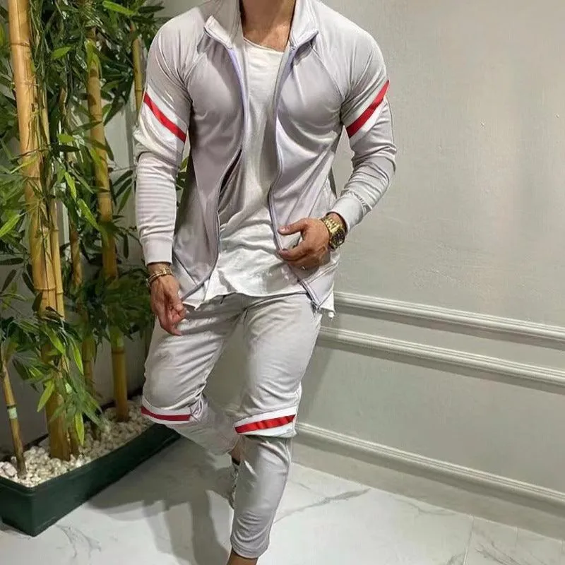 Men's Slim-fit Sports Long-sleeved Cardigan Sweater Color Matching Fashion Casual Trousers Suit