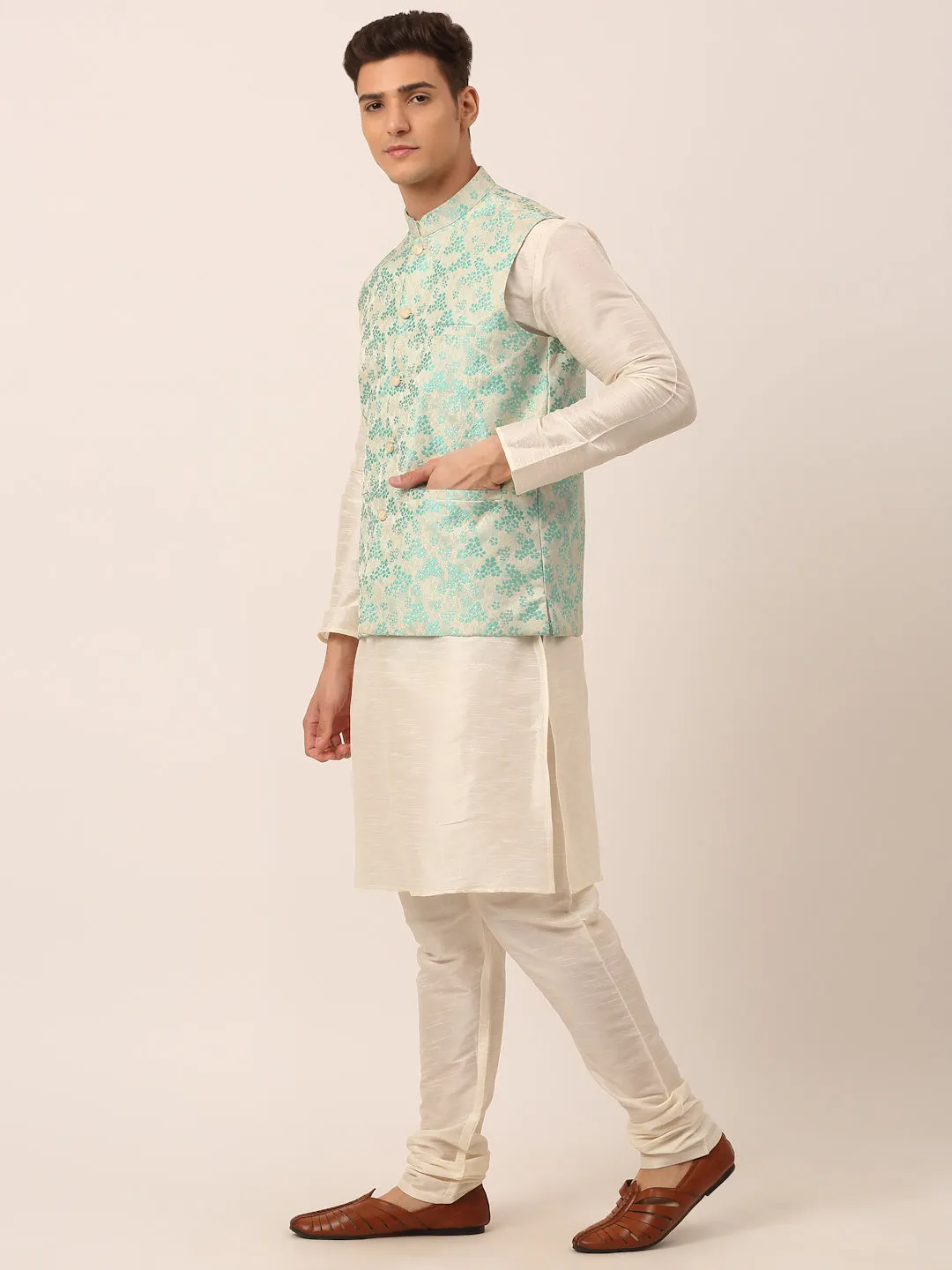 Men's Solid Kurta Pyjama With Sky Blue Floral Embroidered Nehru Jacket