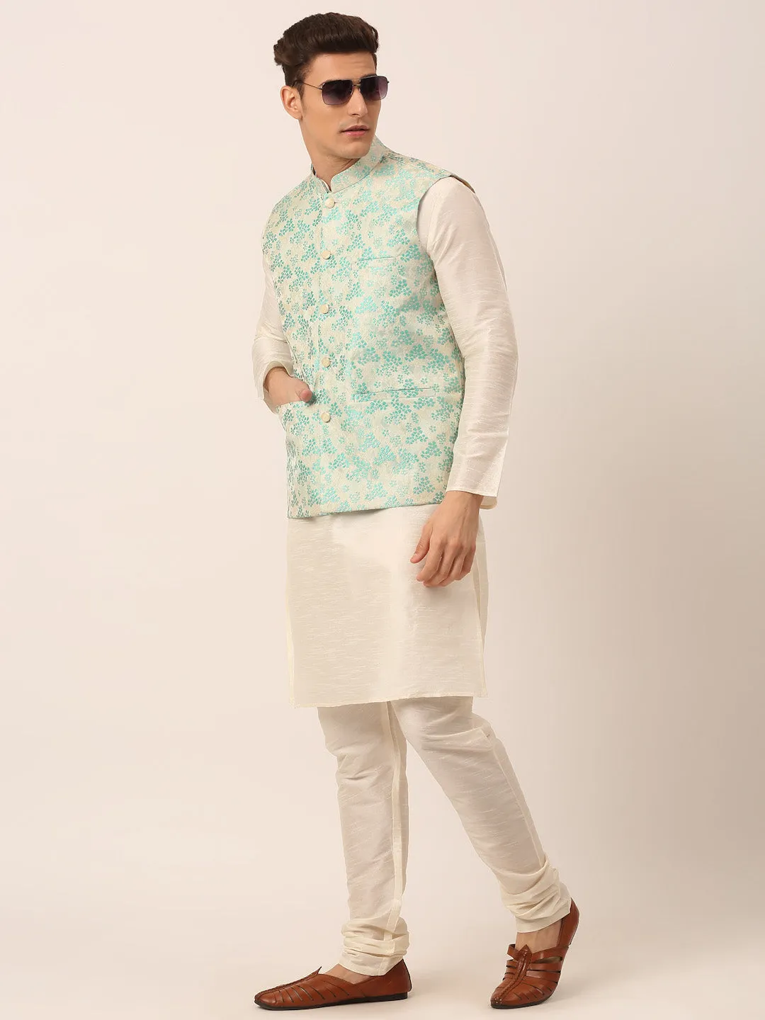 Men's Solid Kurta Pyjama With Sky Blue Floral Embroidered Nehru Jacket