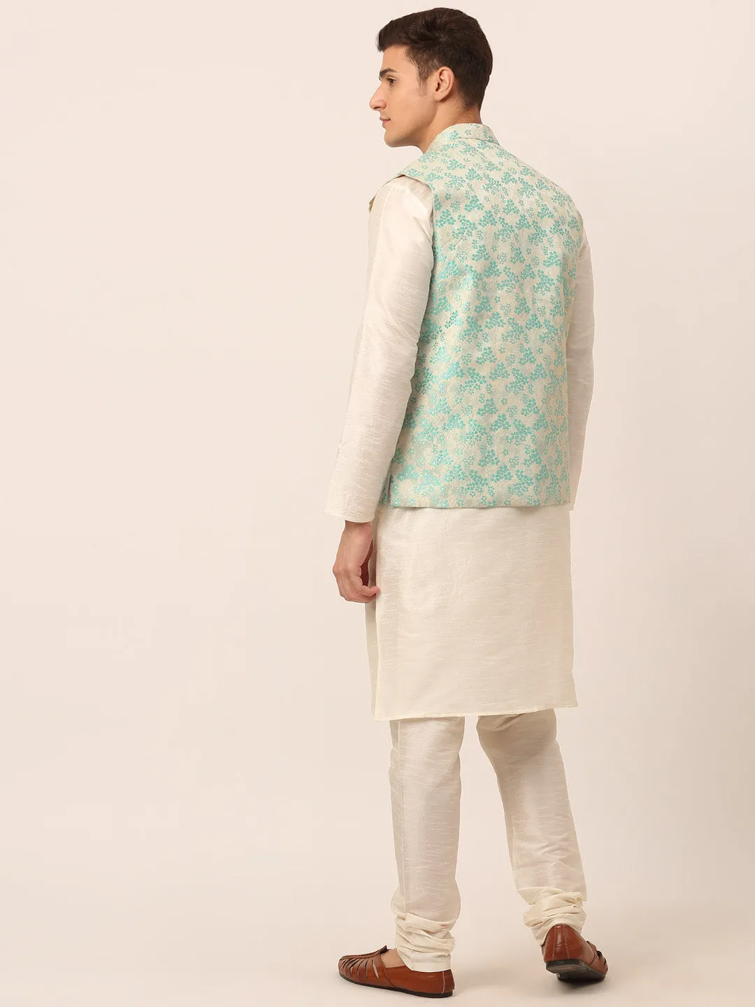 Men's Solid Kurta Pyjama With Sky Blue Floral Embroidered Nehru Jacket