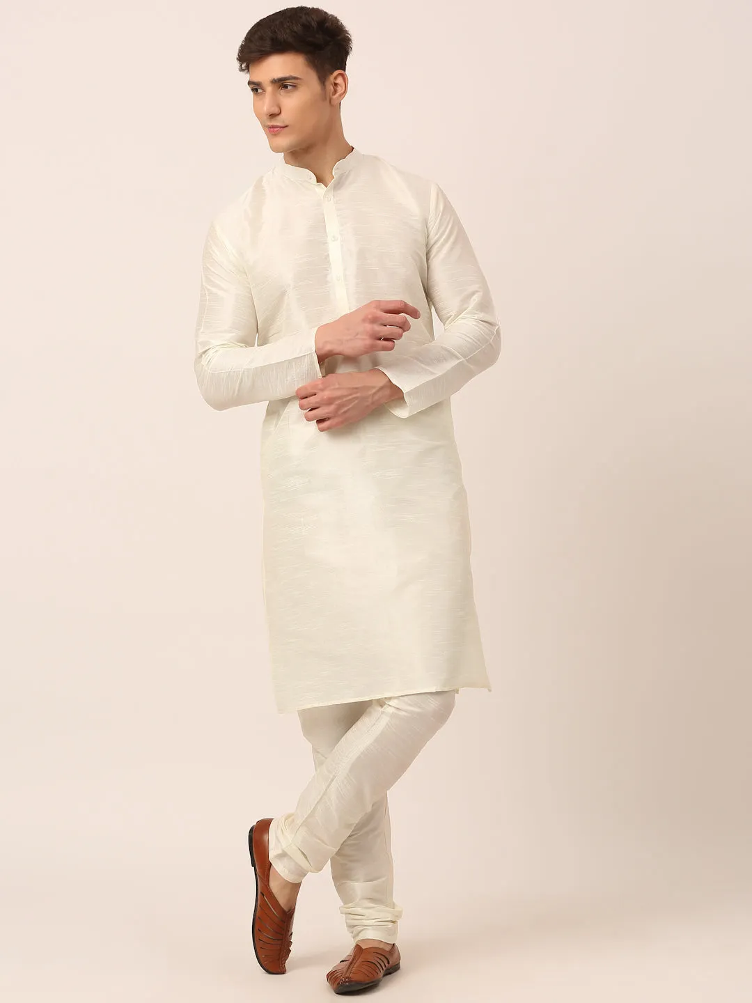 Men's Solid Kurta Pyjama With Sky Blue Floral Embroidered Nehru Jacket