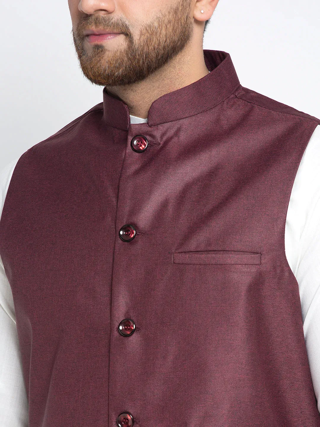 Men'S Solid White Cotton Kurta Payjama With Solid Maroon Waistcoat