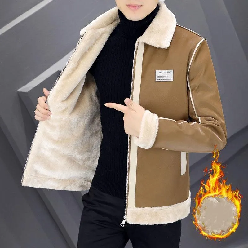 Men's Velvet-Lined Suede Leather Coat with Thick Padding and Integrated Fur