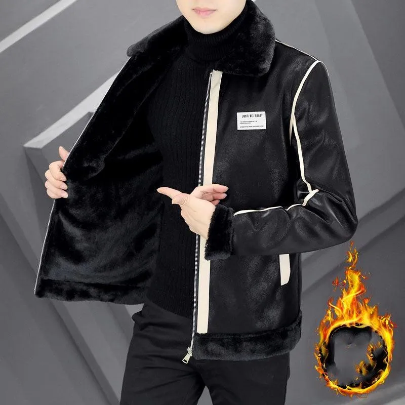 Men's Velvet-Lined Suede Leather Coat with Thick Padding and Integrated Fur