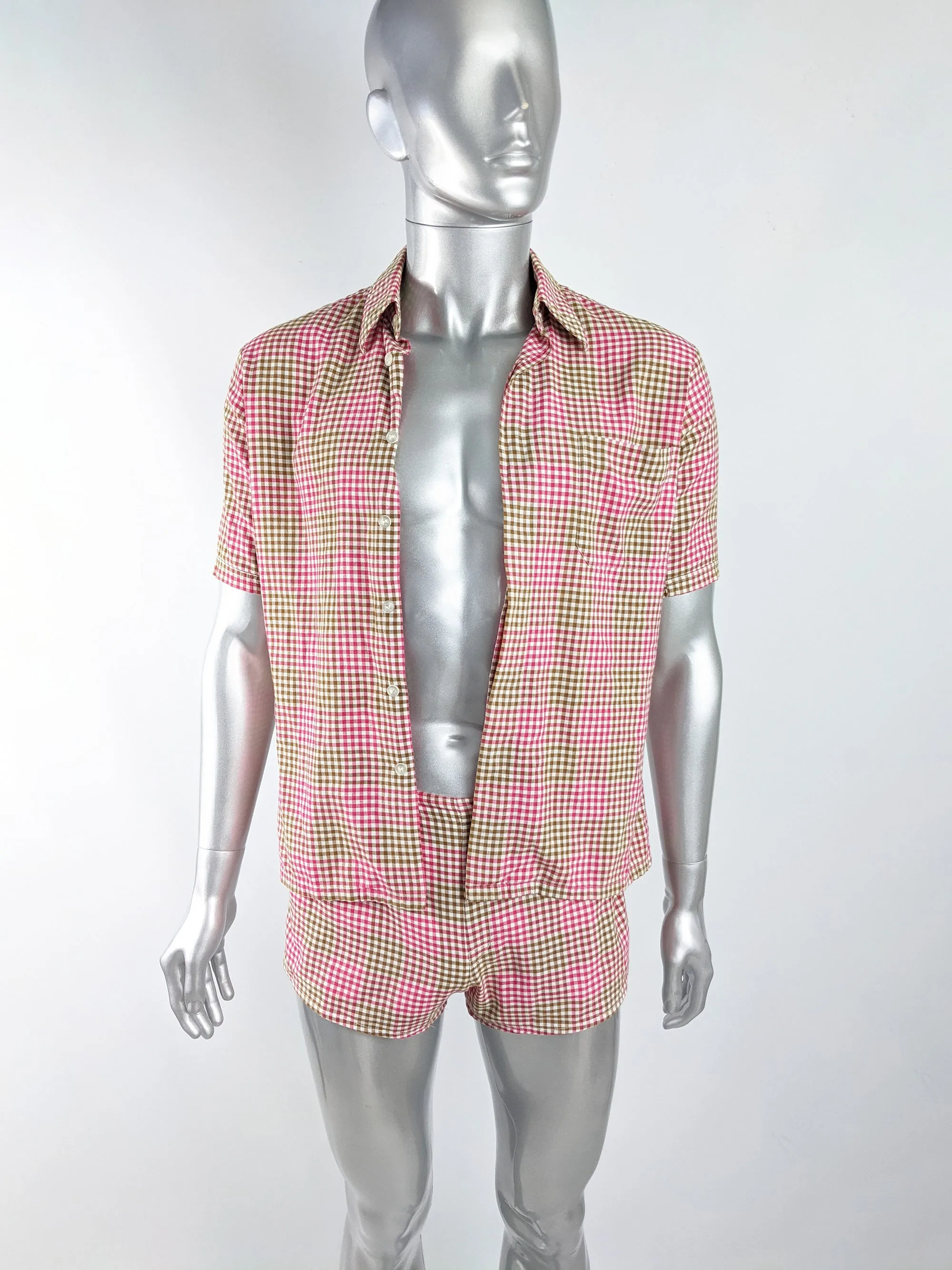 Mens Vintage Two Piece Pink & Green Gingham Shirt & Shorts Set, 1960s