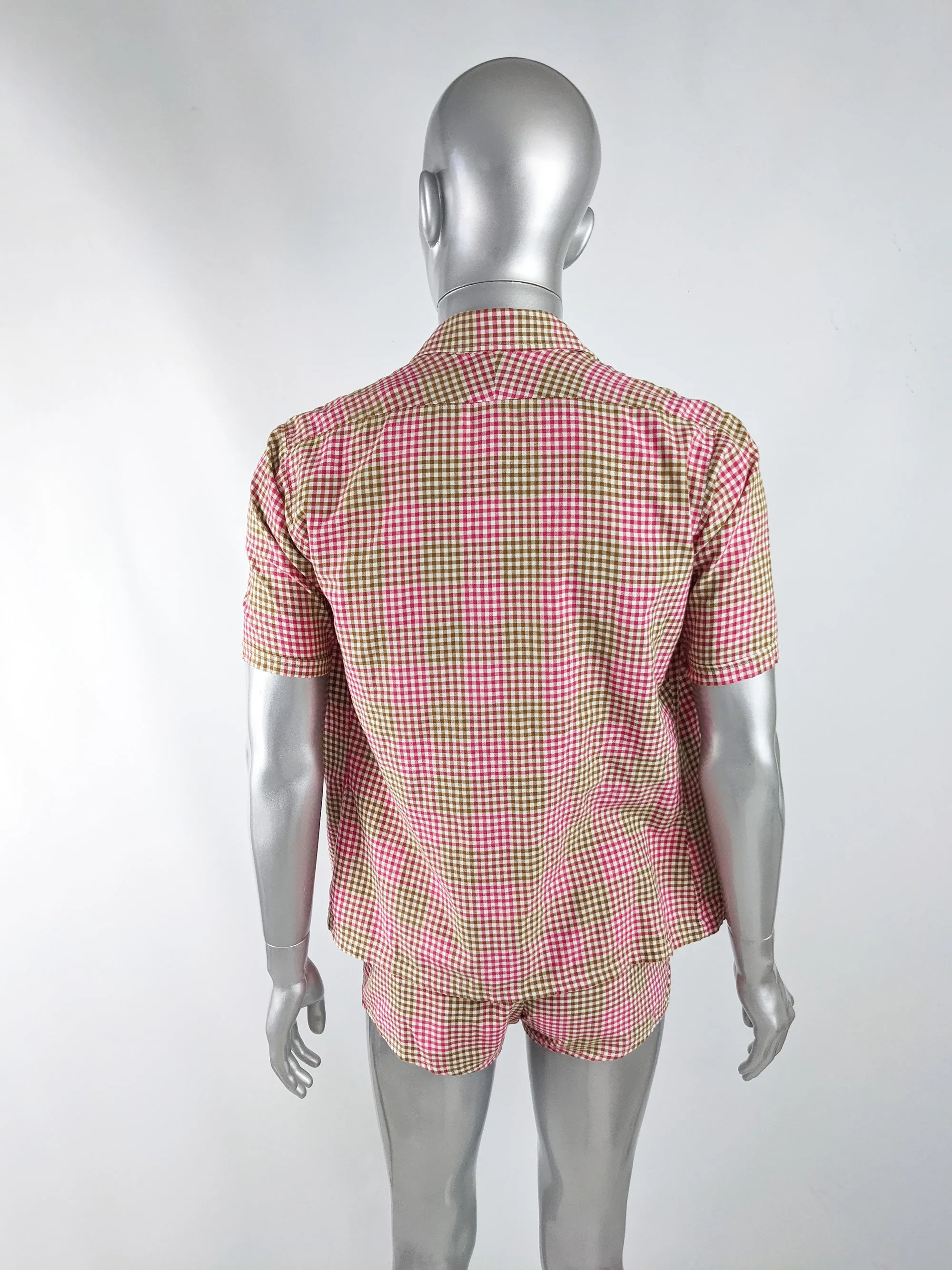 Mens Vintage Two Piece Pink & Green Gingham Shirt & Shorts Set, 1960s