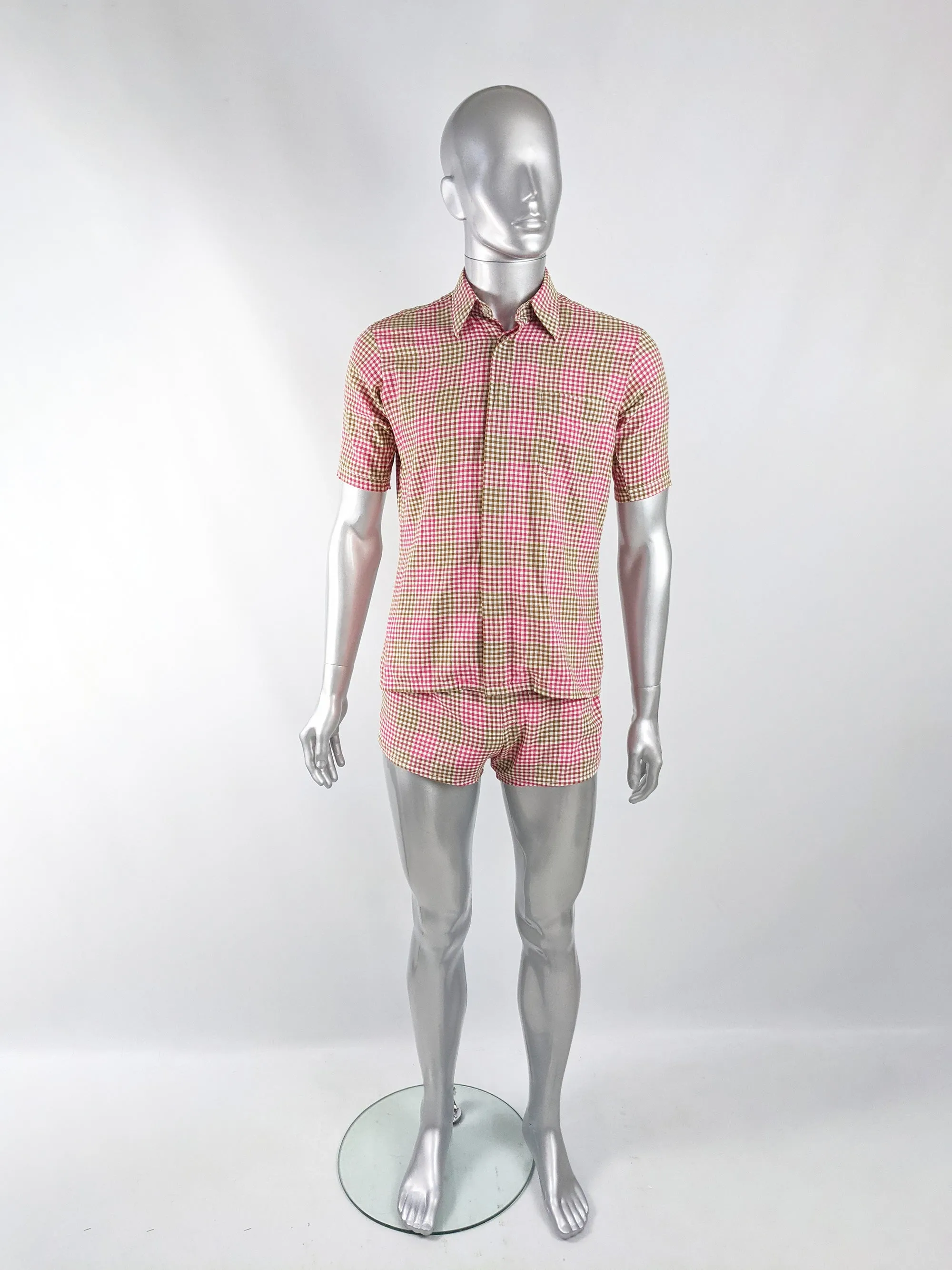 Mens Vintage Two Piece Pink & Green Gingham Shirt & Shorts Set, 1960s