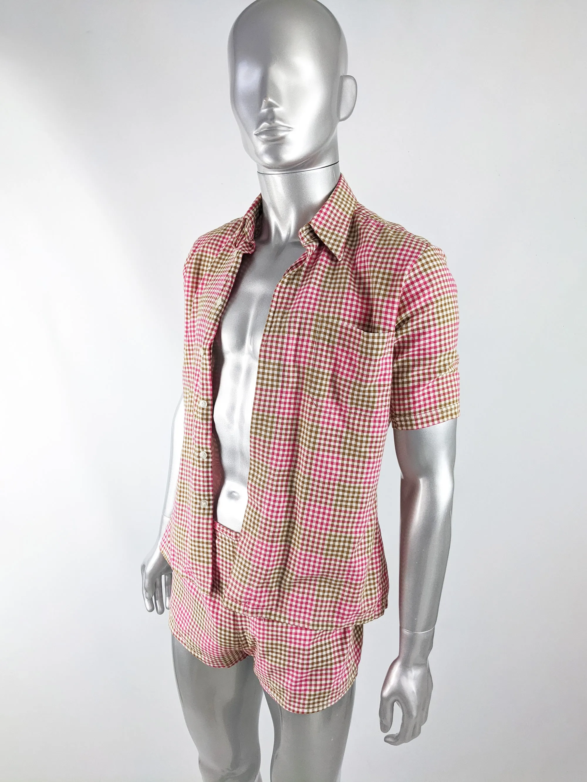 Mens Vintage Two Piece Pink & Green Gingham Shirt & Shorts Set, 1960s