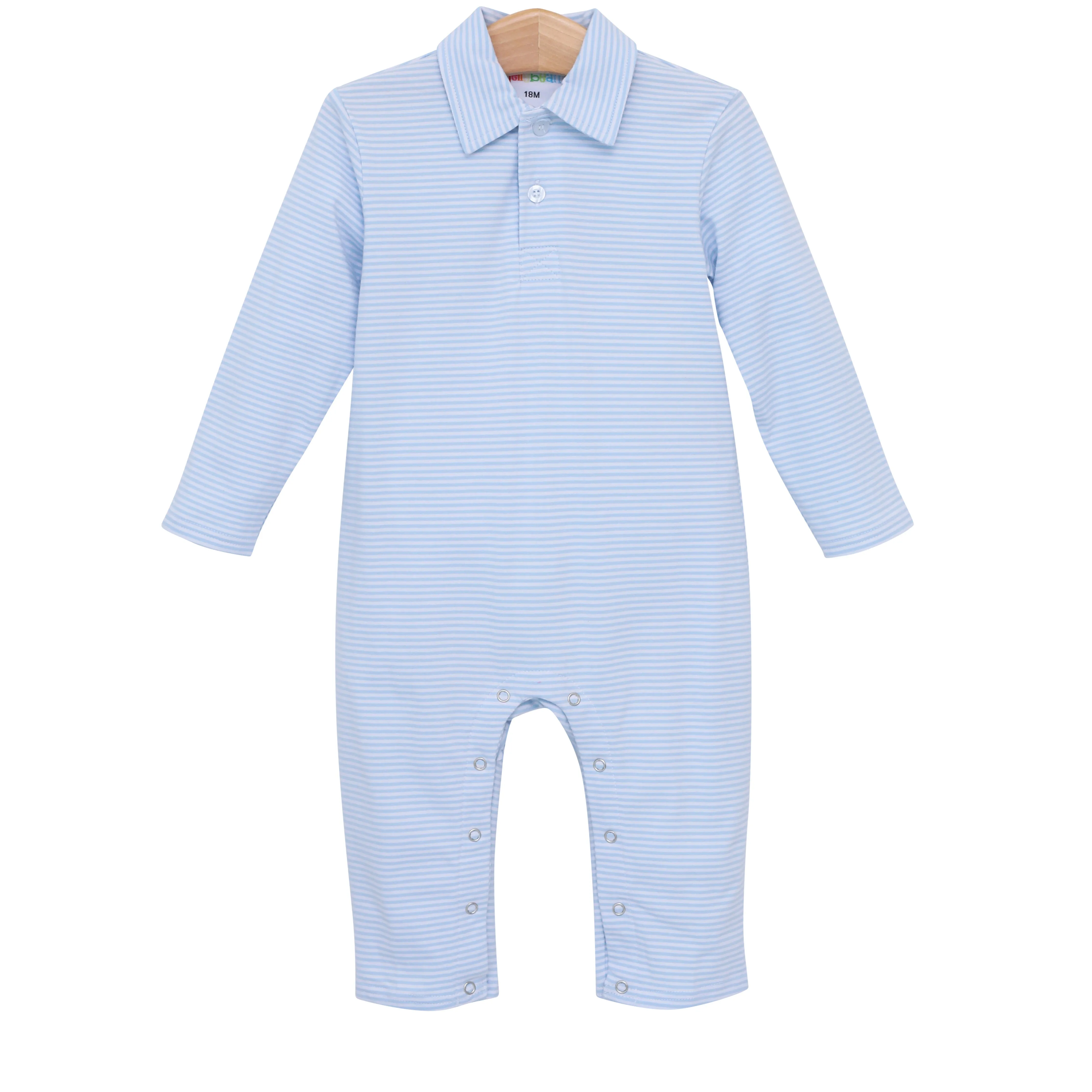 Michael Polo LS Romper- Light Blue Stripe